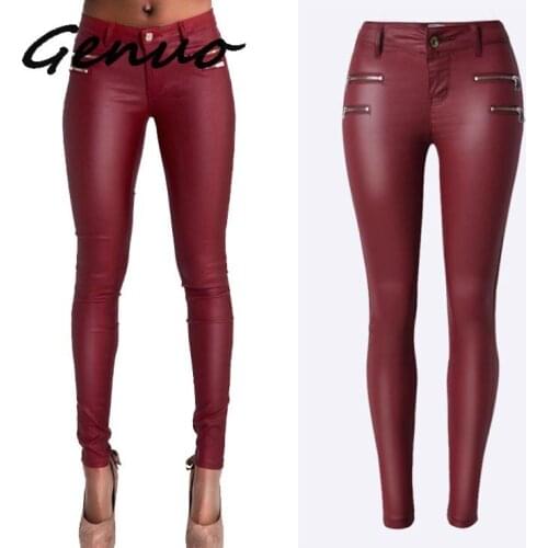 Genuo New 2019 Faux Leather Pants Women Skinny Low Waist Slim Pu Leather Trousers Wine Red Pantalon En Cuir Femmes