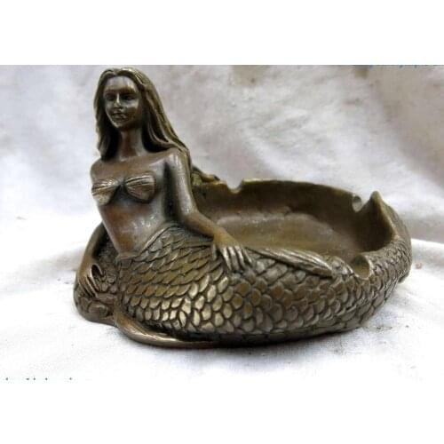 China copper brass beautiful Mermaid Ashtray NAUTICAL DECOR Decor Statue Figure