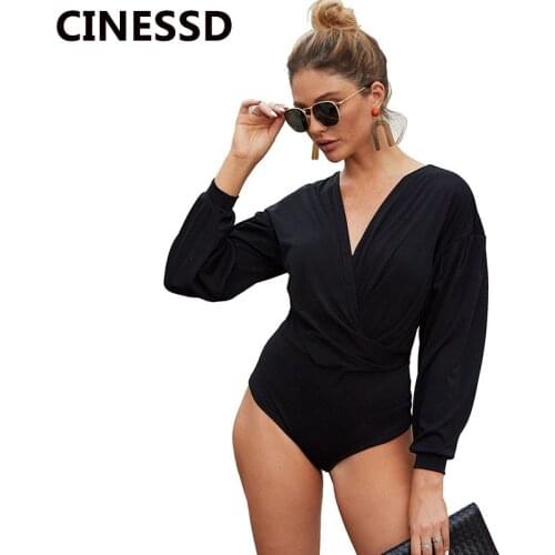 CINESSD Women Sexy V Neck Bodysuit Black Long Sleeves High Waist Skinny Short Jumpsuits Playsuit Office Lady Casual Soft Rompers