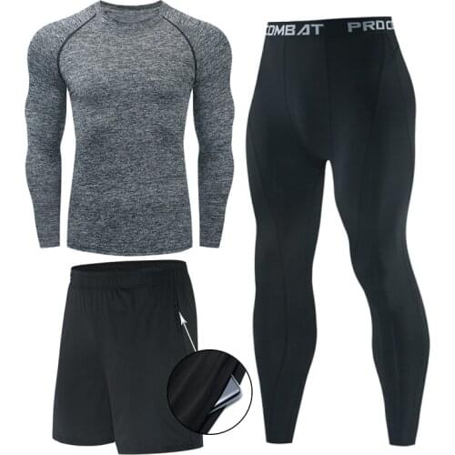 2020 Compression Men 3 Pcs Yoga Set Fitness Sports Suits Gym Long Sleeve Top Clothing Shirts MMA Running Leggings Workout Pants