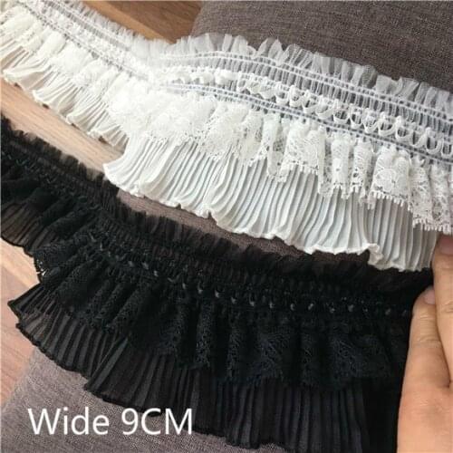9CM Wide Luxury White Black Pleated Chiffon Lace 3D Embroidery Ribbon Edge For DIY Dress Collar Neckline Applique Trim Sewing