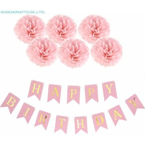 Pink Happy Birthday Banner White Tissue Paper Tassel Garland Pompom Birthday Decorations Girl Boy Kids Party Favors