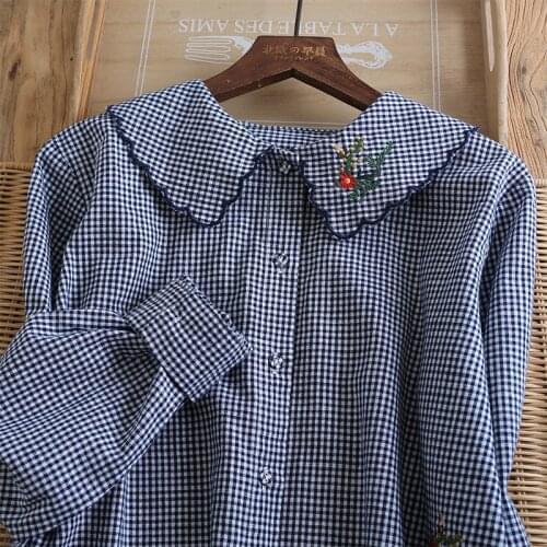 Lamtrip Quality Small Plaid Handmade Floral Embroidery Long Sleeve Cotton 100% Long Sleeve Shirt Blouse Mori Girl 2021 Spring
