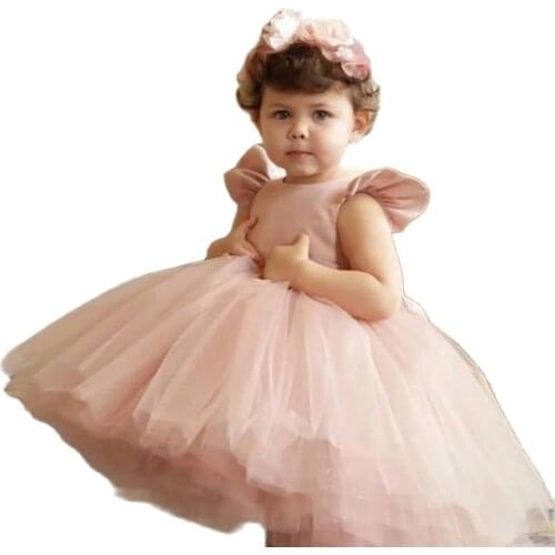 Gardenwed Puffy Cute Flower Girl Dresses Kids Simple Satin Bow Child Wedding Dresses Cap Sleeves Backless Ball Gown,Communion