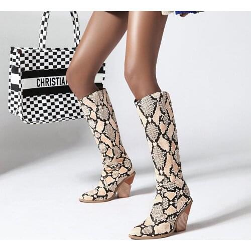 Western Cowboy Knee High Boots Snake Print Women Boots Fashion Strange Style High Heels Long Boots Autumn Winter Woman Shoes