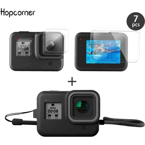 Hopcorner GoPro Hero8 Silicone Rubber Protective Case with 6pcs Tempered Glass Screen Protector Gopro hero 8 Accessories Gift