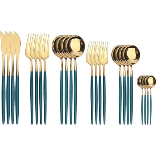 24pcs Green Gold Flatware Cutlery Set Stainless Steel Dinnerware Dessert Fork Tea Spoon Knife Silverware Kitchen Tableware Gift