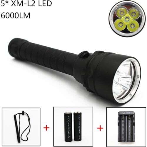 LED Torch 5 * XM-L2 6000LM Light Diving Flashlight Waterproof 100M Deep Scuba 18650 Lamp