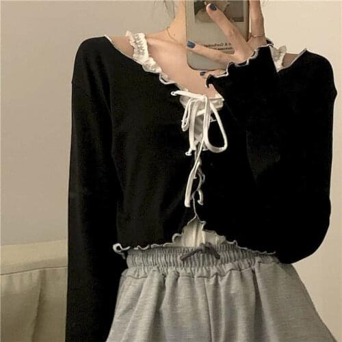 Tshirt Women T Shrit Wave Side Lace-up Cardigan Top Korean Autumn Repair Body Short Long-sleeved T-shirt Harajuku Kawaii Goth