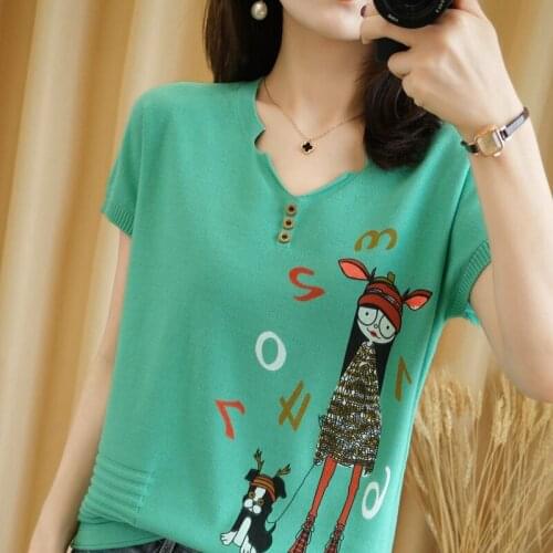 Summer New Style 100% Cotton Printed Short-sleeved Female V-neck T-Shirt Knitted Half-sleeved Loose Casual Bottoming Shirt