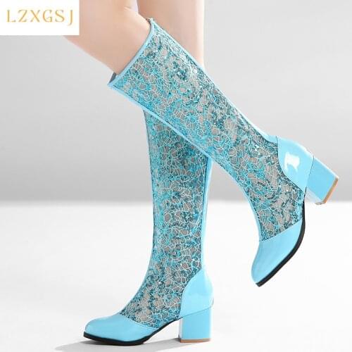 2021 Summer Women Boots Mid Calf High Boots Sexy Hollow Out Breathable Mesh Botas Fashion Zipper Thick High Heel Female Shoes