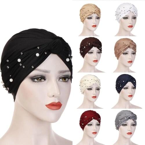 2020 Women Elastic Turban Muslim Hijab Islamic India caps Beads Chemo Caps Ladies hijab Scarf Headwraps knotted Muslim Turban