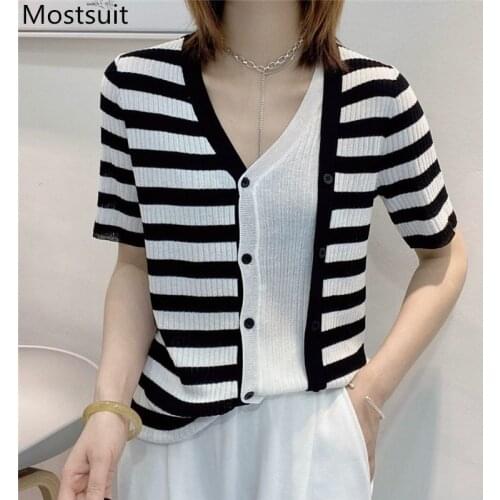 Color-blocked Spliced Knitted Cardigan Women Summer Short Sleeve V-neck Double Breasted Knitwear Sweater Korean Vintage Jumpers