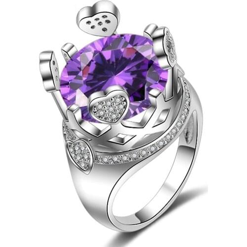 YaYI Jewelry Fashion Princess Cut Huge Purple Natural Amethyst Zircon Stamped S925 Silver Color Engagement Wedding Party Rings