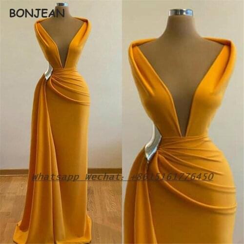 2021 Orange Evening Dress V Neck Sexy Sleeveless Floor Length Formal Evening Gown for Women