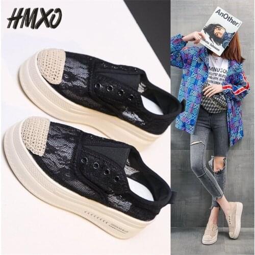 HMXO Breathable Mesh Lace Shoes One-step Hollow Mesh Shoes Korean Version of Retro Thick-soled Platform Platform Shoes