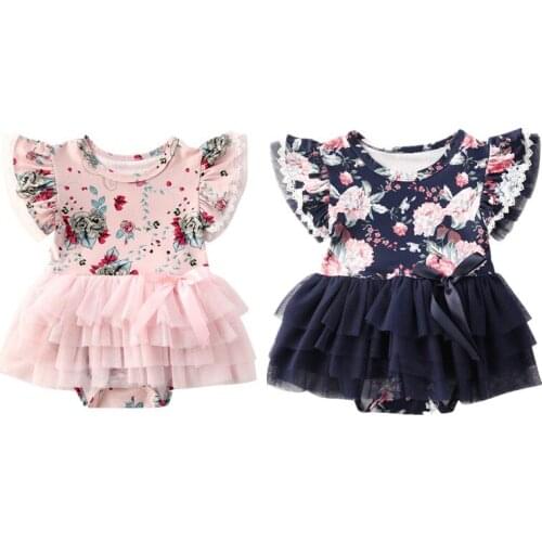 Focusnorm Free Shipping 10-24M Baby Girl Romper Floral Print Round Neck Fly Sleeve Jumpsuit for Kids Girls Pink/Navy Clothing
