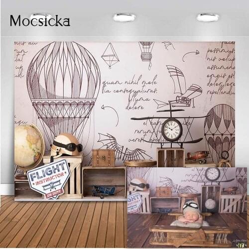 Pilot Birthday Backdrop Newborn Baby Kids Cake Smash Portrait Background for Photography Hot Air Balloons Flight Instructor