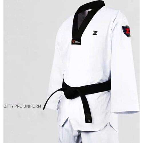 ZTTY Professional Taekwondo Dobok Cotton White Karate Uniform WTF Belt Red Black V-Neck Judo Equipment For Kids Adult sauna suit