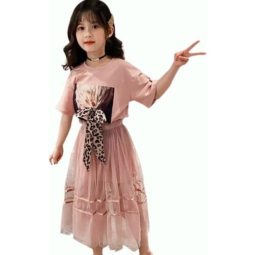 Girls Summer Clothes Floral Tshirt + Skirt Childrens Clothes For Girls Mesh Girl Outfit Bow Kids Tracksuit 6 8 10 12 14