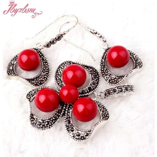 8.10mm Round Manmade Coral Marcasite Tibetan Silver Classical Party Pendant 35x45mm Earring 19x25mm Jewelry 1 Set Free Shipping