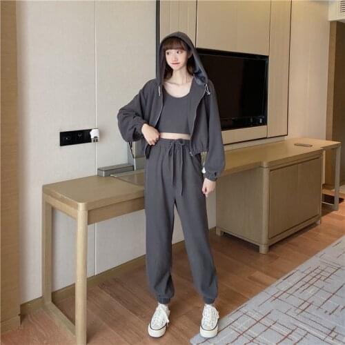 Long Sleeved Solid Hooded Three Piece Sets Casual Short 3 PCS Sweaters New Women Fashion Training Suits 2021 Autumn Sports Suit