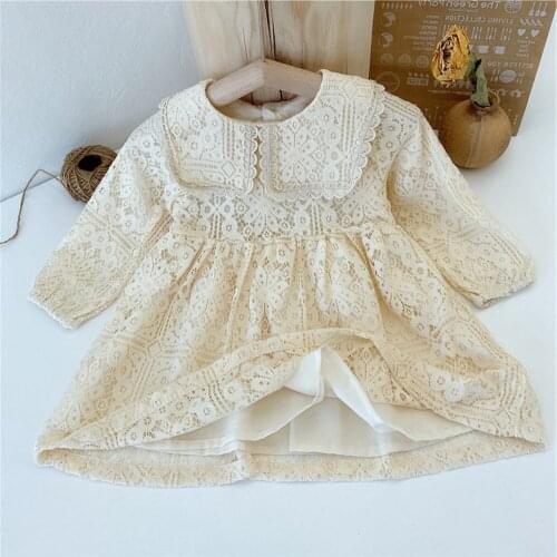 Sweet Spring Autumn Girls Princess Lace Dress Kids Children Baby Long Sleeve Lapel Collar Dresses Vestidos S12280