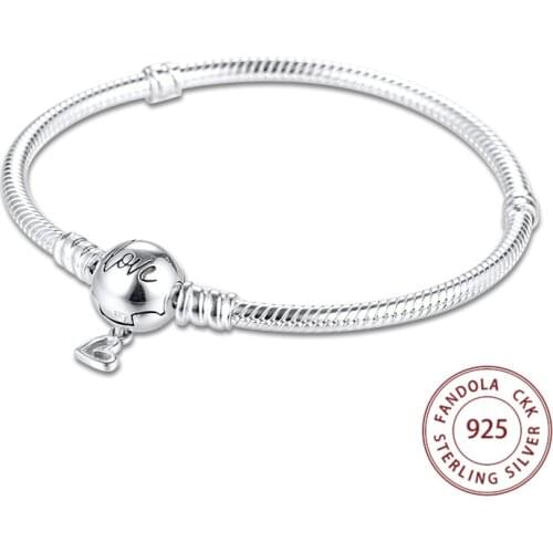 Moments Bracelet Femme 925 Sterling Silver Freehand Heart Clasp Snake Chain Charm Bracelets for Women Fashion Jewelry Gift