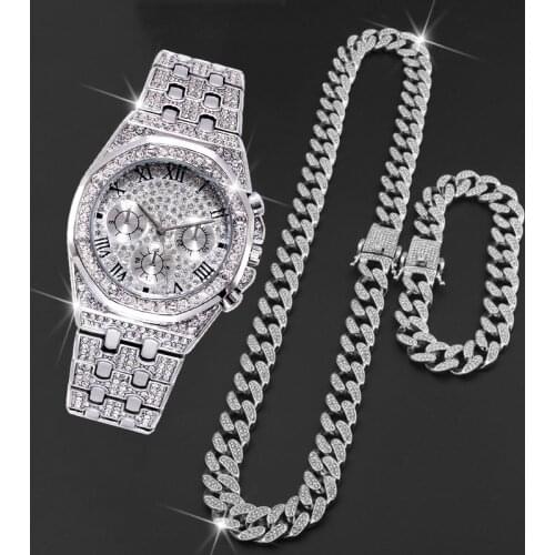 Wristwatch Mens 2020 Men Watches Top Brand Luxury Bling Gold Diamond Watch AAA Hip Hop Waterproof Watch and Chain and Bracelet
