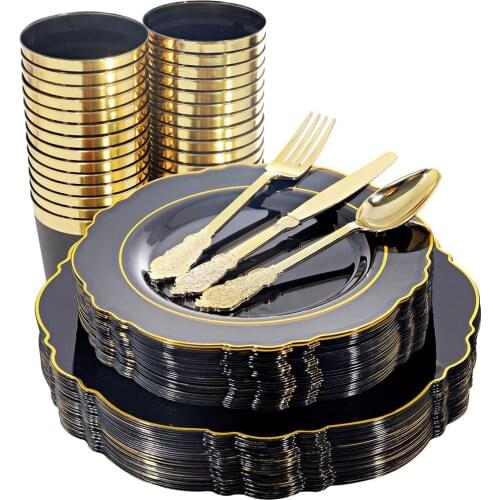 60-Piece Disposable Party Tableware Set Baroque Black Plastic Tray With Golden Rim and Disposable Silverware Plastic Cup