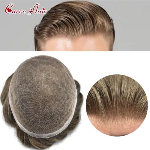 Mens Toupee Bleached Front Konts Soft Full French Lace Hairpieces Remy Human Hair Repalcement Wig 100% Density Natural Black