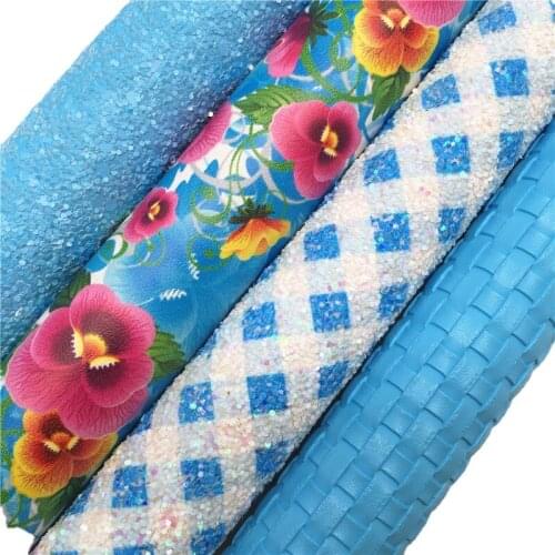 Grids Printed Blue Chunky Glitter leather, Flowers Printed Synthetic Leather Fabric, Weave Faux Leather For Bow KM144