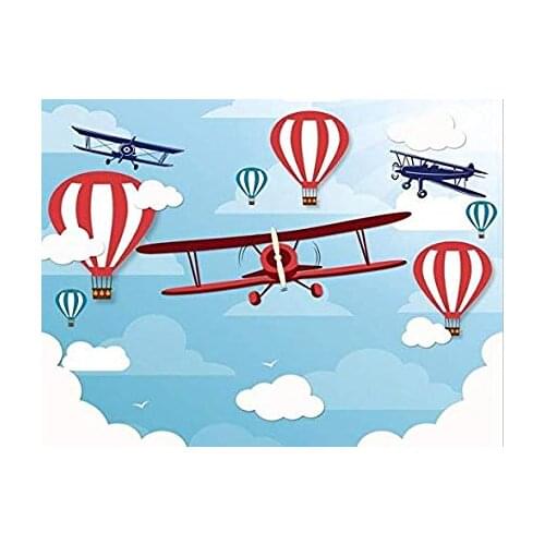 Light Blue Sky Clouds Retro Planes Helicopters Air Balloons background Vinyl cloth Computer print wall photo backdrop