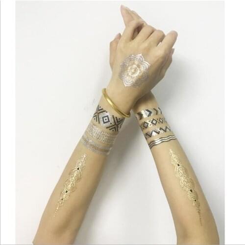 Waterproof Temporary Tattoo Sticker Mandala Henna Bracelet Gold Silver Metallic Flash Boho Party Jewelry Glitter Body Art T1821