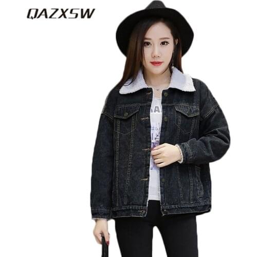 QAZXSW Spring Autumn Women Denim Jacket 2018 BF Style Thick Jeans Coats Women Harajuku Streetwear Bomber Jacket Cardigan HB539