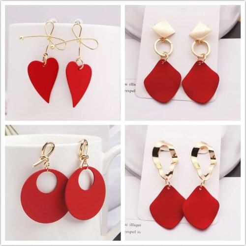 Korean Style Big Metal Rhombus Heart Drop Earrings for Women Red Yellow Pink Color Sweet Wedding Jewelry Pendientes Girl Gift