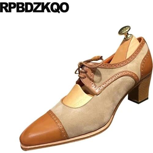 2019 spring fashion women pumps pointed toe chunky medium heels modern suede shoes high quality oxford brogue lace up brown