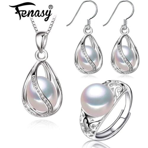 FENASY 925 Sterling Silver Cage Pendant Pearl Jewelry Sets Natural Pearl Pendant Necklace Cage Earrings For Women Silver Ring