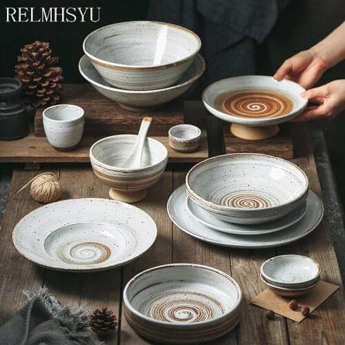 1PC RELMHSYU European Style Ceramic Retro Rice Noodle Soup bowl Dish Fish Steak Dessert Round Dinner Plate Home Tableware