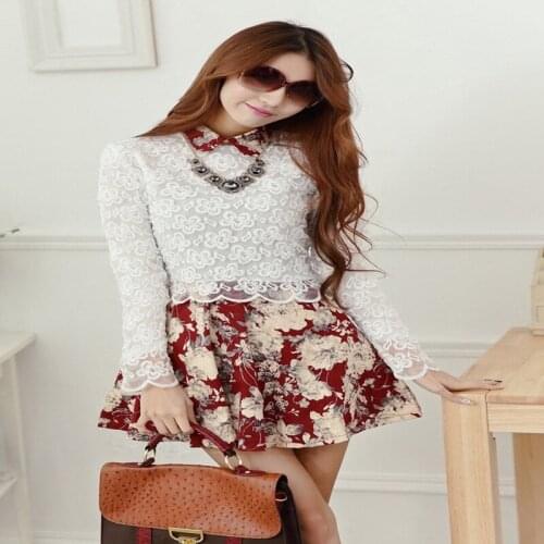 Free Shipping Ladies Fashion Turn-down Collar Flower Lace Full Sleeve one-piece Dress