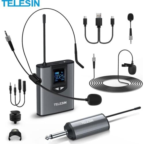 TELESIN MIC-UHF-02 UHF Wireless Microphone 50m Mic Handheld Microphone+Headset+Lavalier Mic for Live Stream Teaching Recording