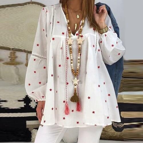 Solid Hollow Out V Neck Blouse Women Plus Size Tops Spring Summer Casual Star Print Long Sleeve Tunic Fashion Woman Blouses 2020