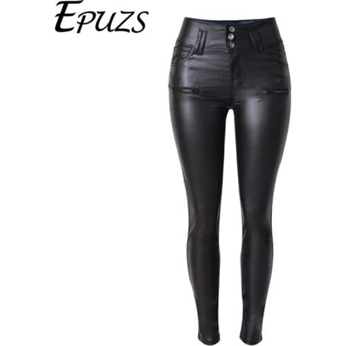 Punk zipper faux leather Pants women high waist Pants woman streetwear slim black ladies casual plus size leather trousers2019