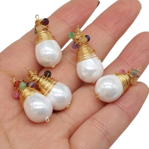 Handmade Natural Stone Shell Beads Wrapped With Copper Wire Pendant Charms 12x25mm For DIY Earrings Jewelry Making Accessories