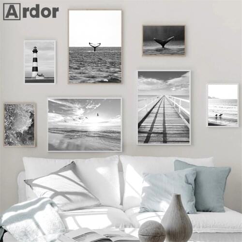 Black And White Lighthouse Bridge Canvas Print Ocean Whale Poster Beach Birds Wall Art Painting Nordic Picture Living Room Decor