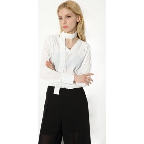 Elegant OL V-neck Pullover Chiffon Shirt Top, Women Daily Workwear Black White Chiffon Blouse