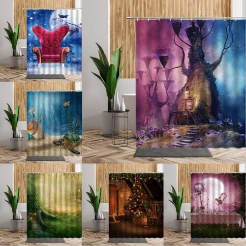 Fairy Dream Forest Shower Curtain Cartoon Sea Turtle Bathroom Curtains Fabric Screen Fantasy Castle Home Christmas Accessories