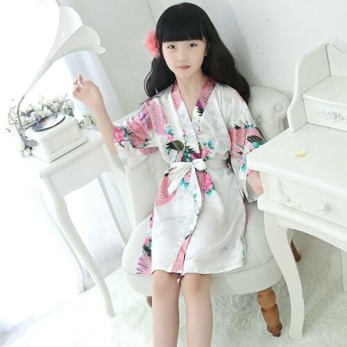 NEW flower girl robe bridesmaid white peacock children stain silk robe kid nightgown Kimono bathrobe summer girl dress sleepwear