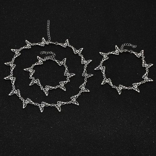 KBJW Original Antique Silver Color Butterfly Jewelry Daily Ins Style Choker Necklace Bracelet Anklet Set for Women Wholesale