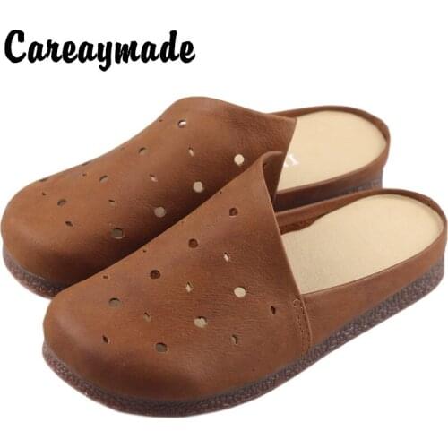Careaymade-Handmade Leather Retro Literary Slippers Female Summer Comfortable Breathable Soft Bottom Hollow Porous Slippers